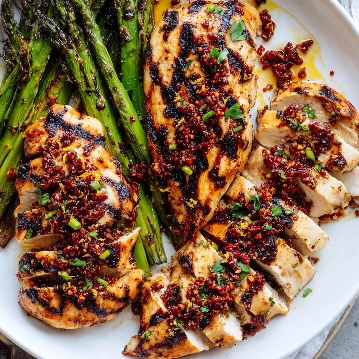 Perfectly seared chicken and smoky grilled asparagus covered in zesty Calabrian chili sauce