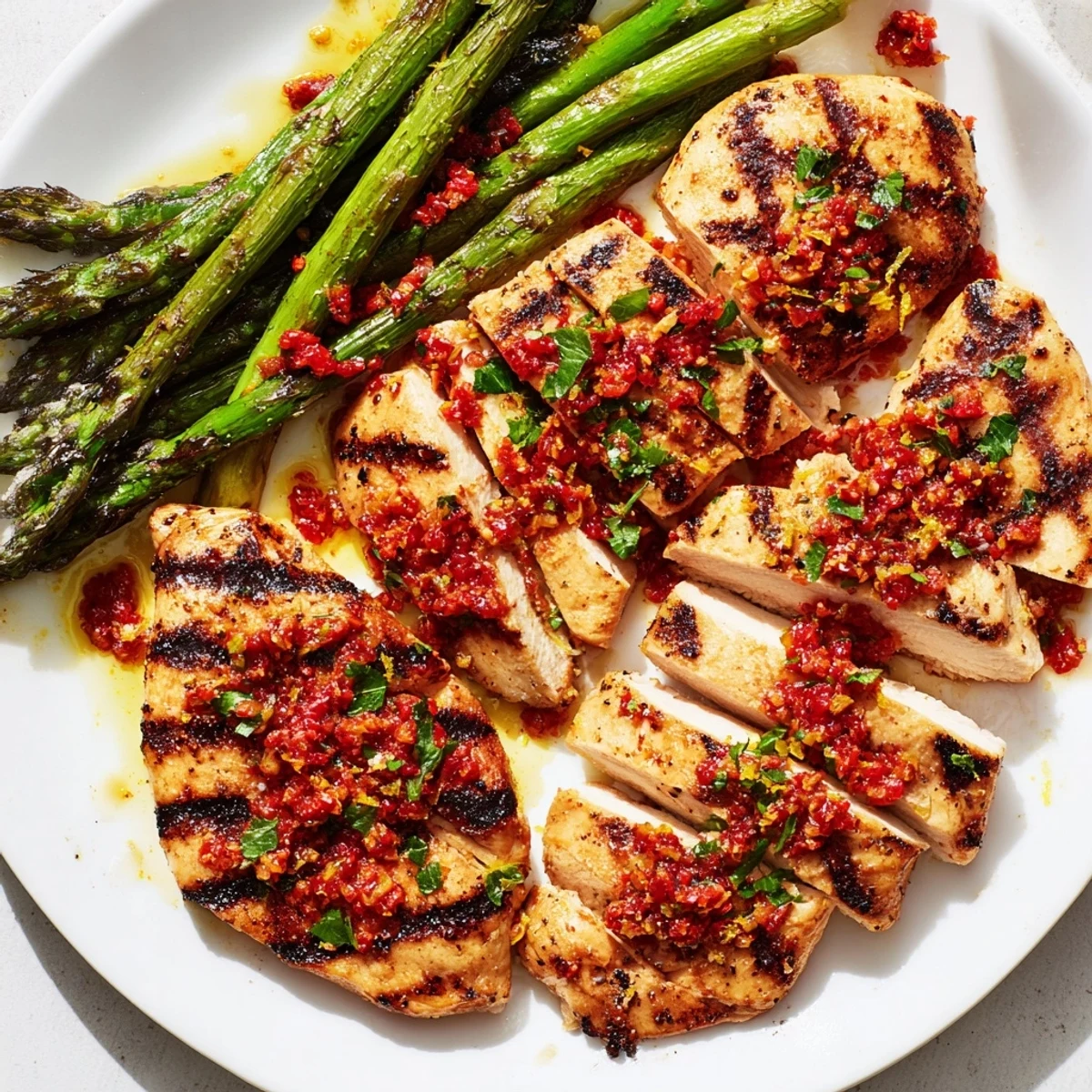 Golden grilled asparagus chicken breasts topped with vibrant red Calabrian chili sauce