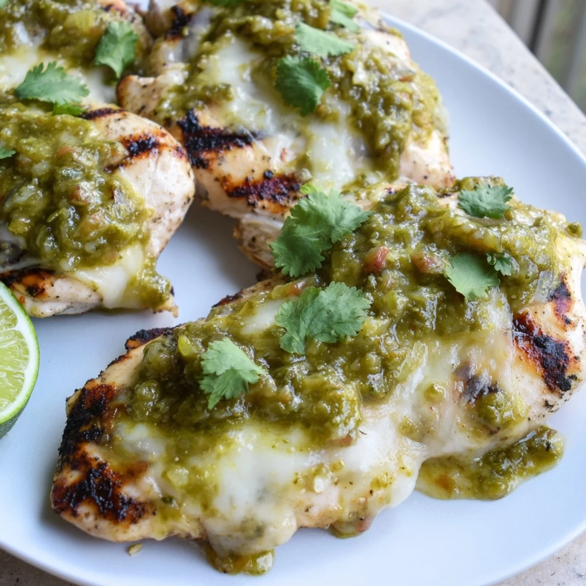 Melty Pepper Jack cheese blankets grilled salsa verde chicken with golden grill marks