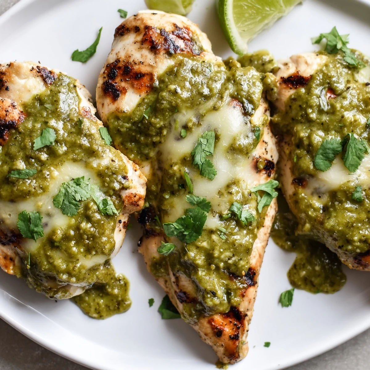 Smoky grilled chicken smothered in salsa verde and bubbling melted Pepper Jack cheese