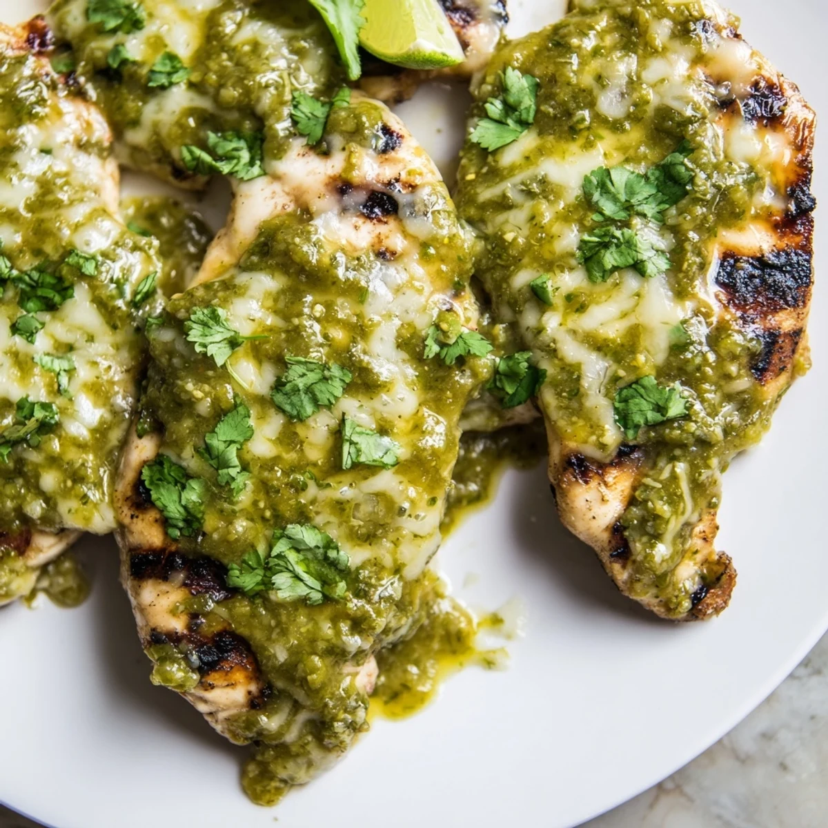 Juicy Cheesy Grilled Salsa Verde Pepper Jack Chicken topped with fresh cilantro and lime