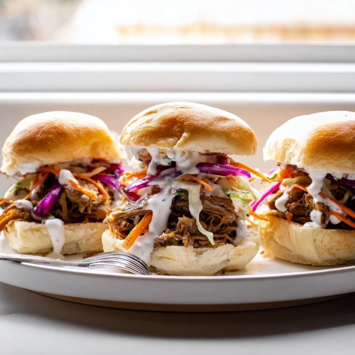 Juicy Alabama white sauce pulled lamb sliders piled on soft buns with creamy slaw