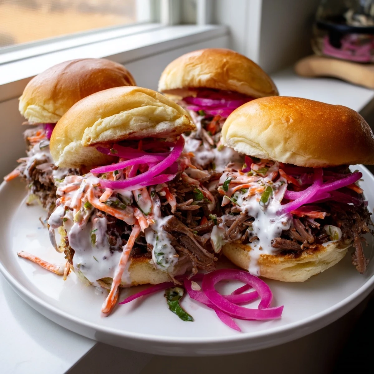 Tangy Alabama white sauce pulled lamb sliders topped with crisp cabbage and pickled onions