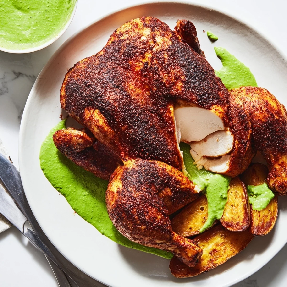 Juicy Peruvian chicken sliced and drizzled with vibrant creamy cilantro green sauce