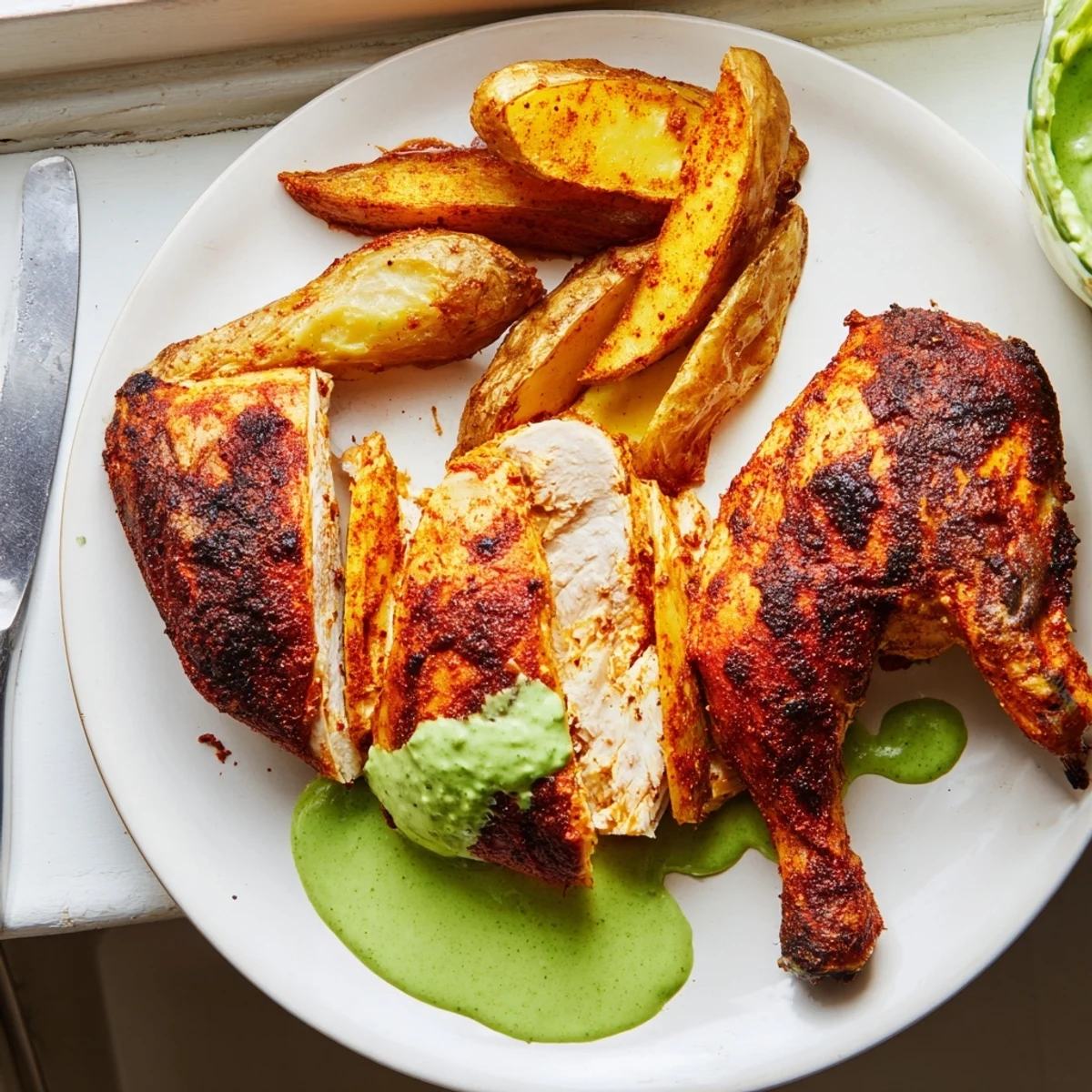 Golden roasted Peruvian chicken with crispy herb-marinated skin on a cutting board