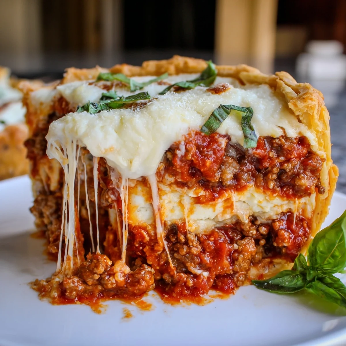 Cheesy Lasagna Pie with gooey melted mozzarella and golden flaky crust