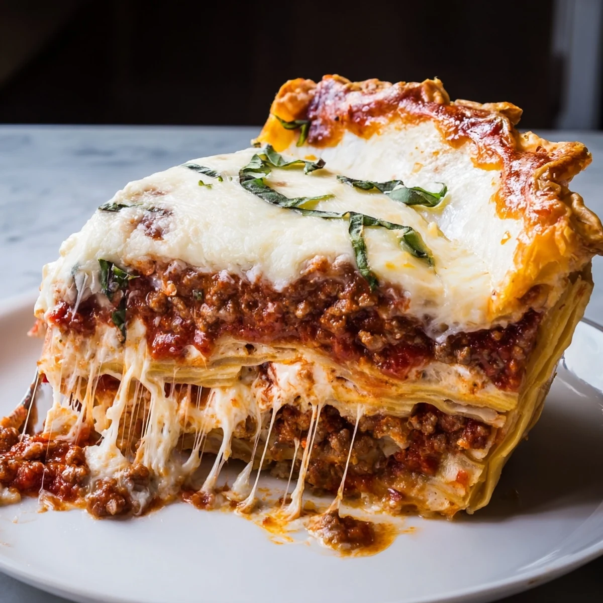 Hearty Cheesy Lasagna Pie sliced to reveal rich meat sauce and ricotta layers