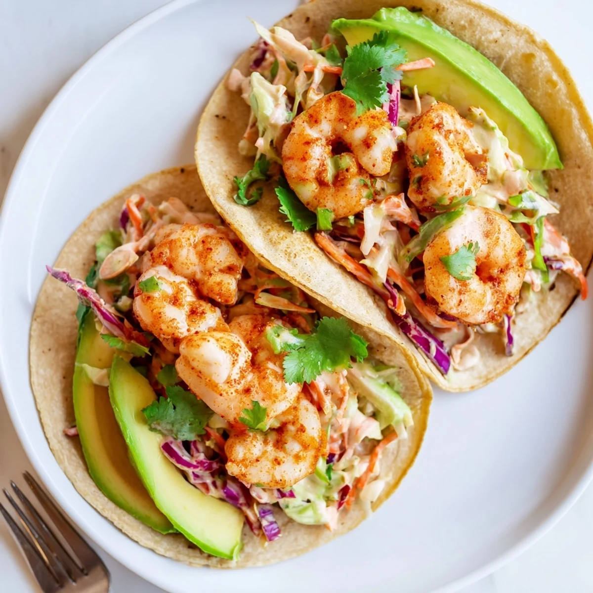 Spicy shrimp tacos piled high with vibrant cilantro lime slaw on warm tortillas