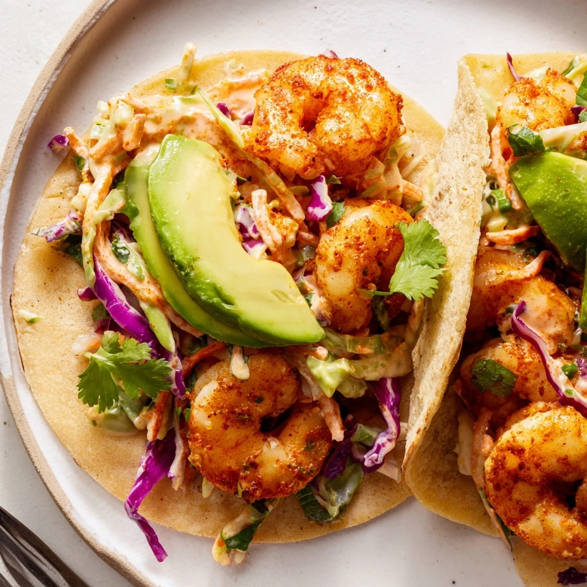 Golden seasoned shrimp nestled in soft tortillas with creamy garlic cilantro lime slaw