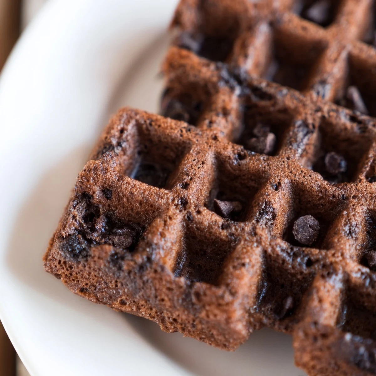 Crisp, chocolatey Fudgy Brownie Waffles fresh off the iron with melty chips