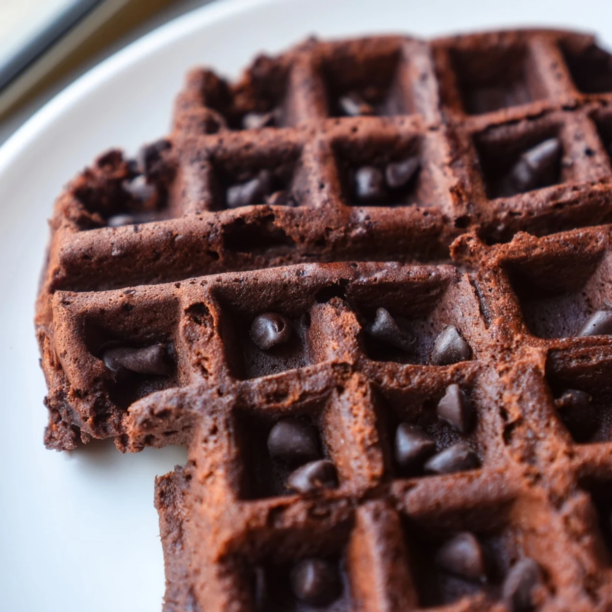 Fudgy Brownie Waffles drizzled with chocolate and dusted with powdered sugar
