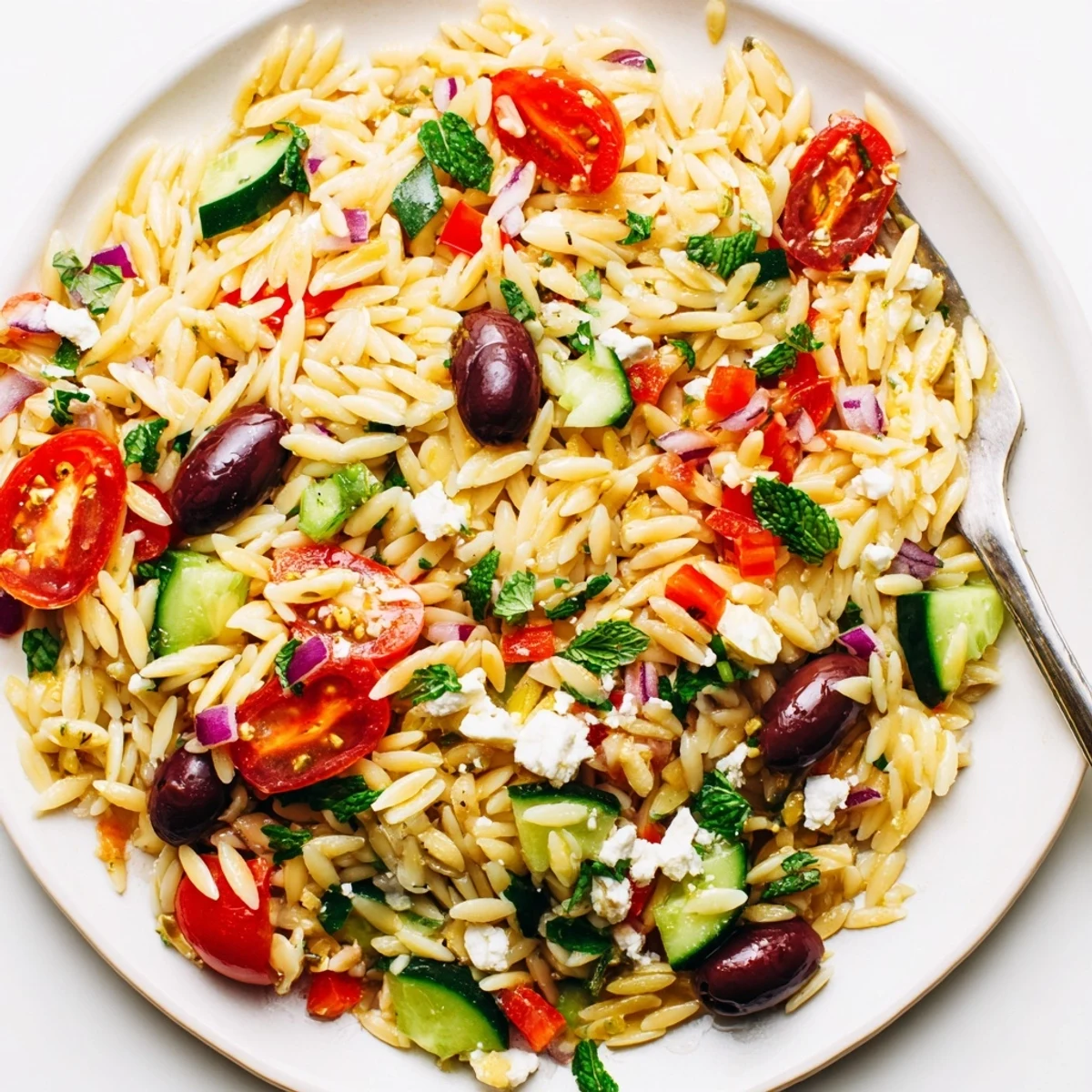 Colorful Mediterranean Orzo Pasta Salad in a bowl with tomatoes and feta