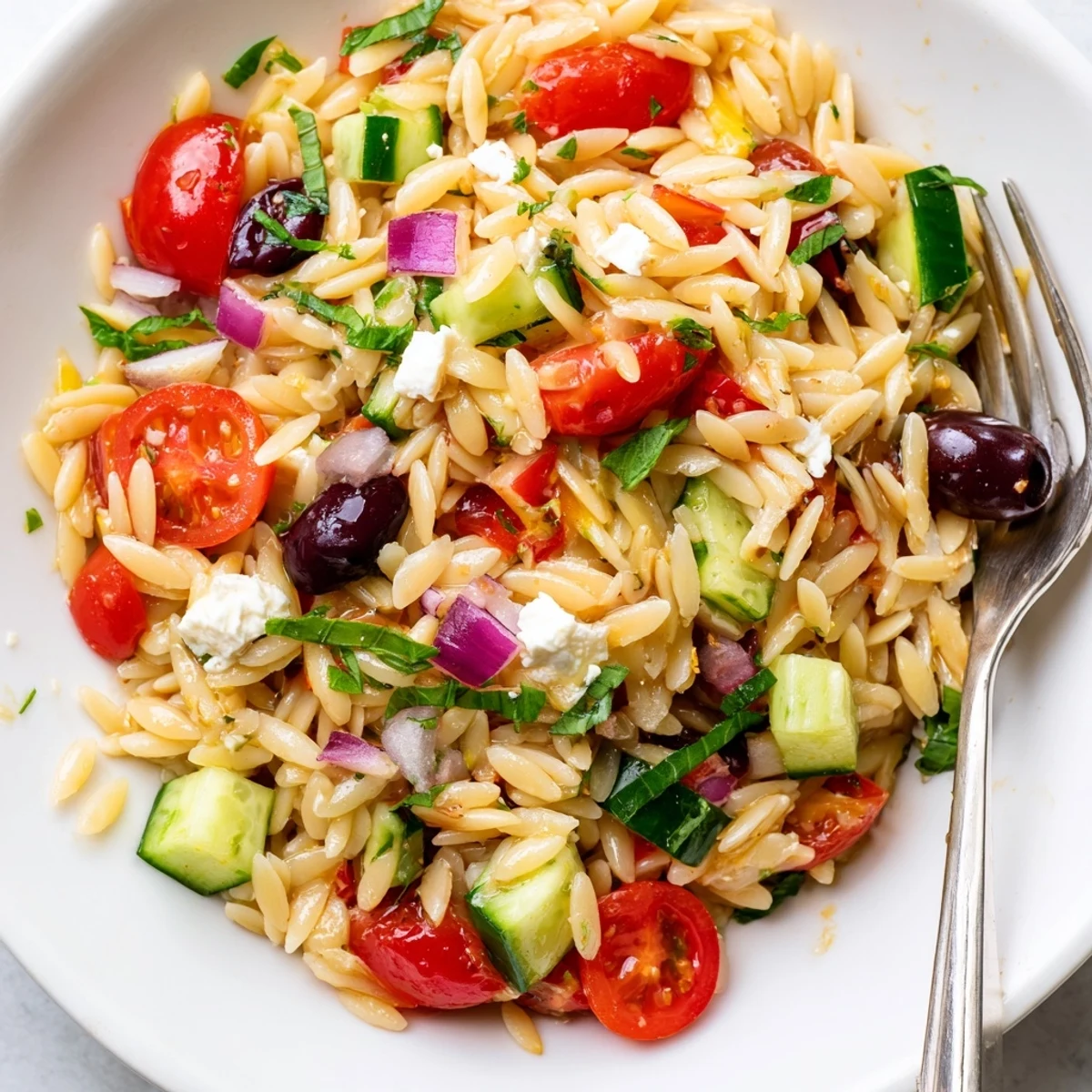 Close-up of Mediterranean Orzo Pasta Salad with olives and bright lemon dressing