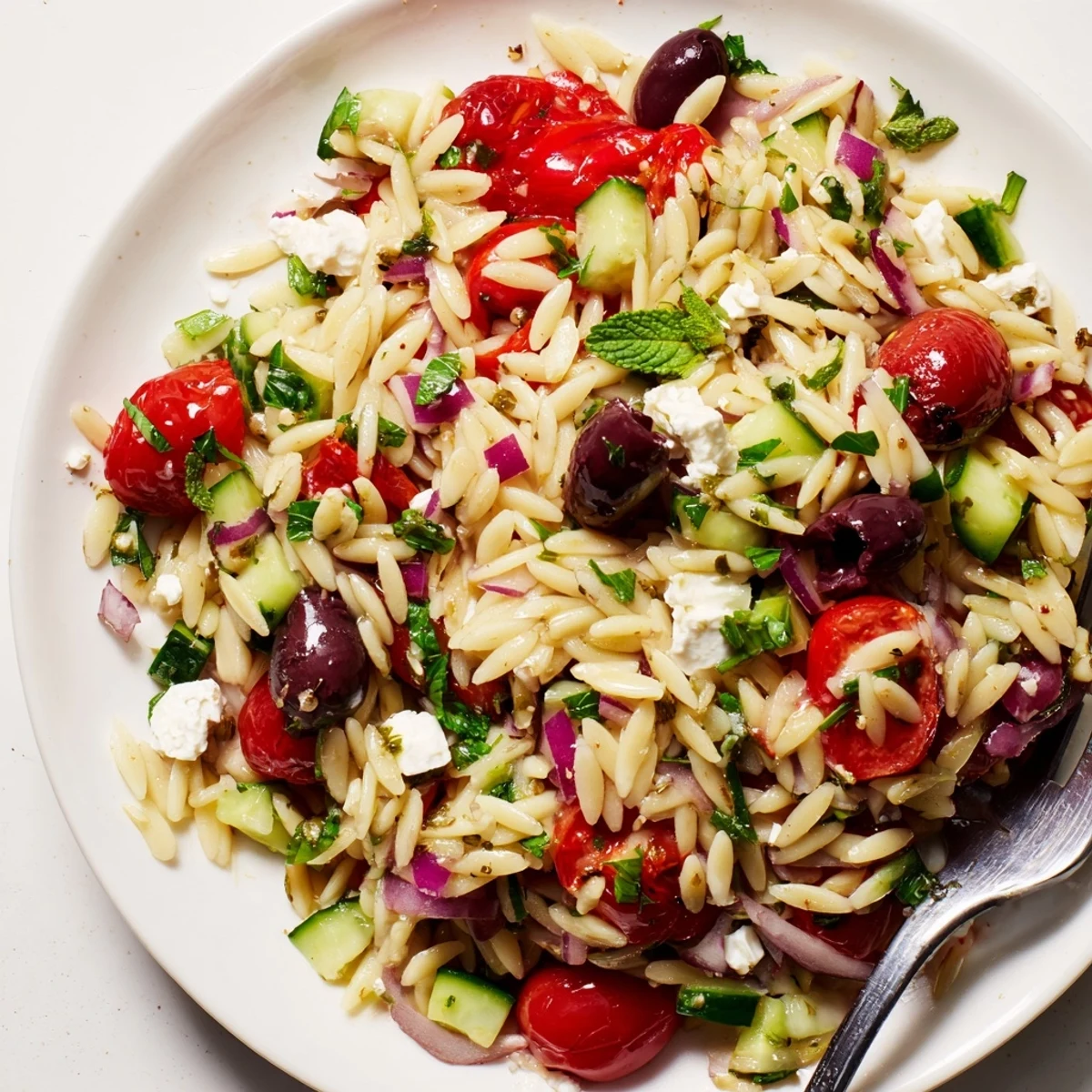 Mediterranean Orzo Pasta Salad topped with fresh herbs and tangy feta