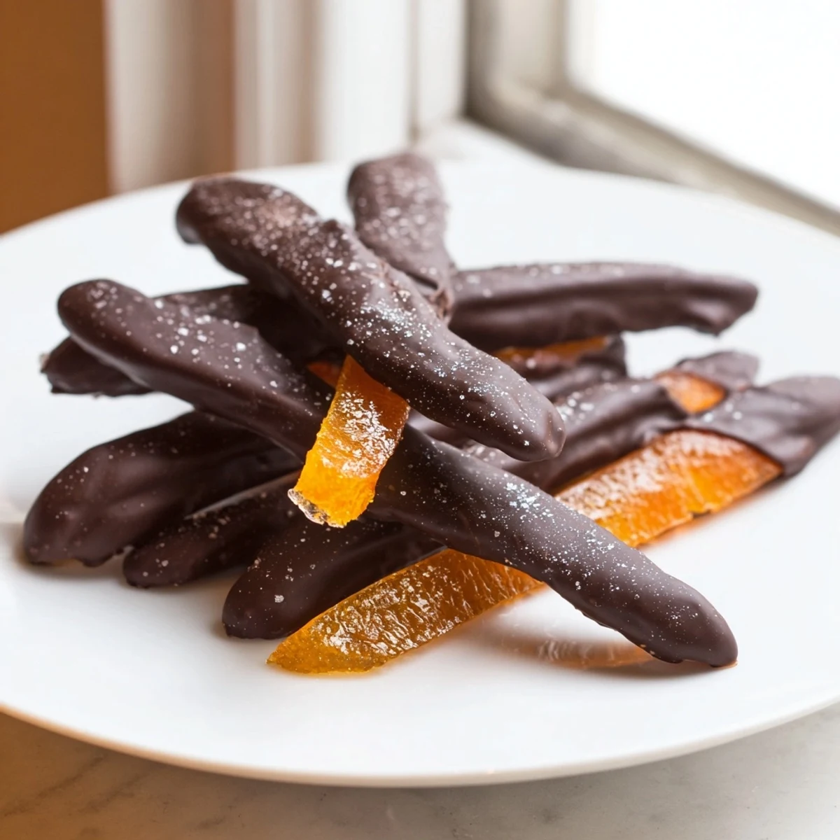 Glistening chocolate covered orange peels arranged on parchment paper ready to serve