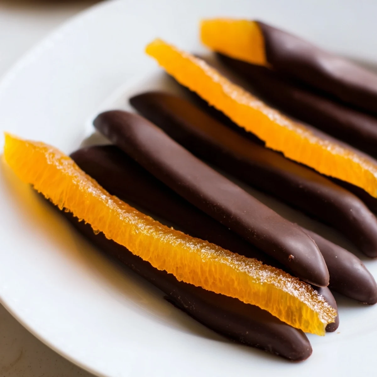 Candied orange strips dipped halfway in dark chocolate cooling on wire rack