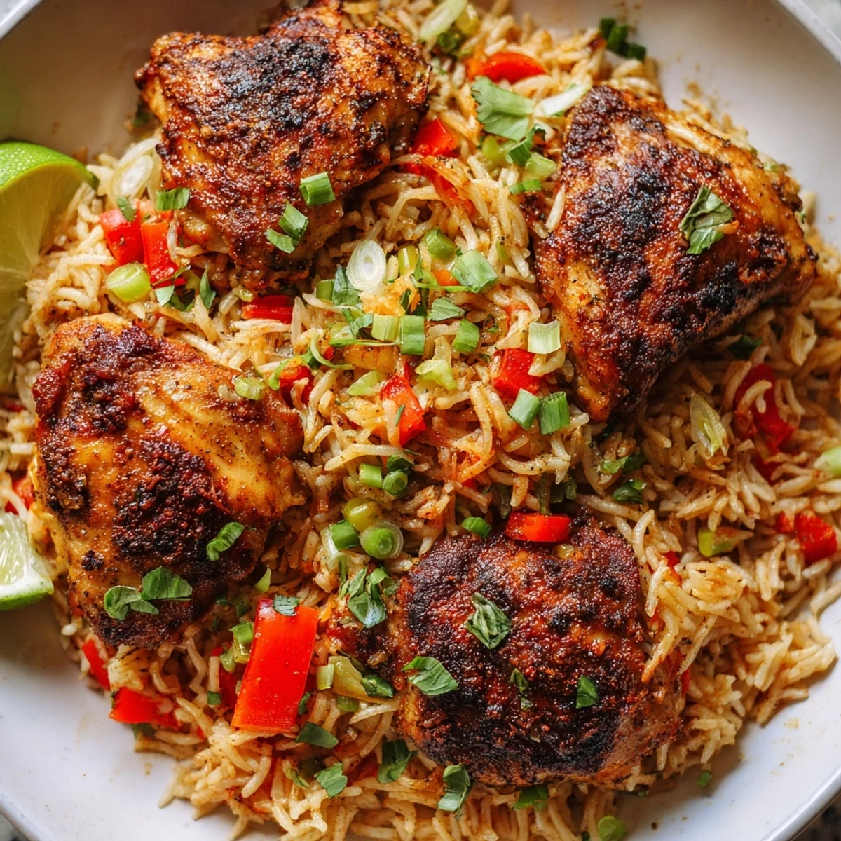 Golden spicy jerk chicken rice garnished with fresh herbs and lime wedges in a cast iron skillet