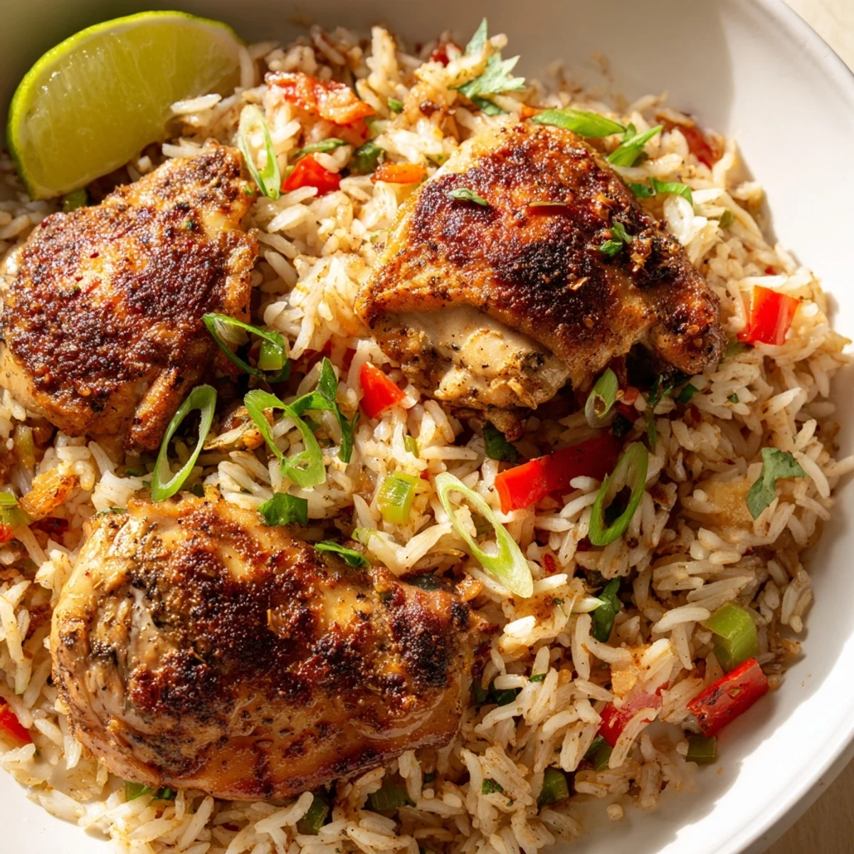 A vibrant bowl of spicy jerk chicken rice topped with chopped coriander and a bright lime wedge