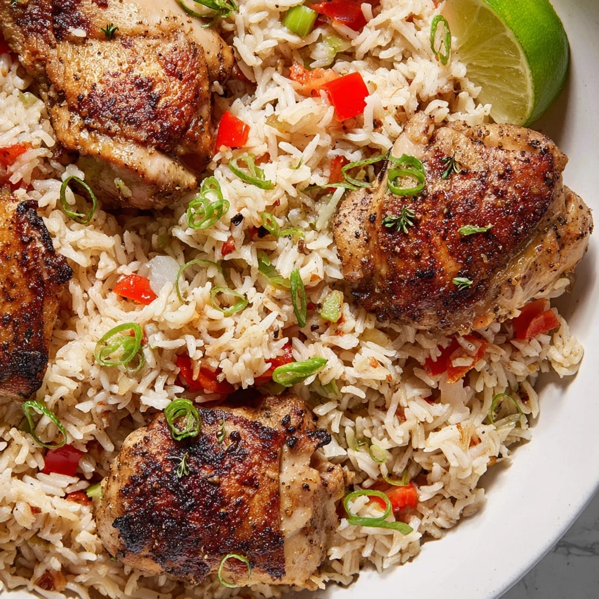 Tender jerk-spiced chicken thighs nestled in fragrant coconut rice with colorful bell peppers and spring onions