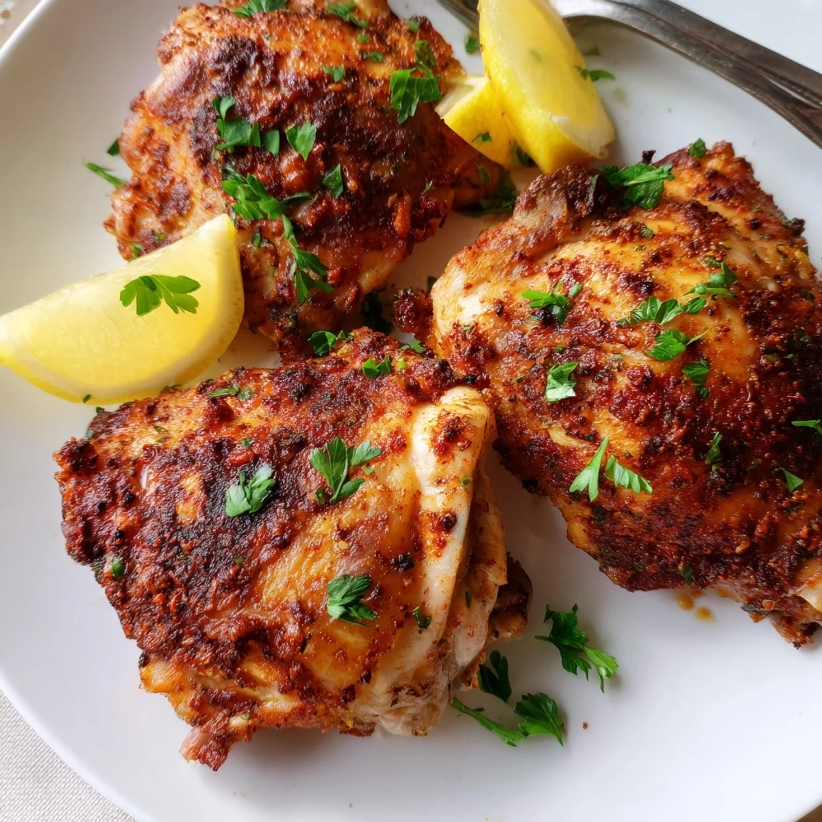 Golden crispy oven baked chicken thighs with herbs on a parchment-lined baking sheet