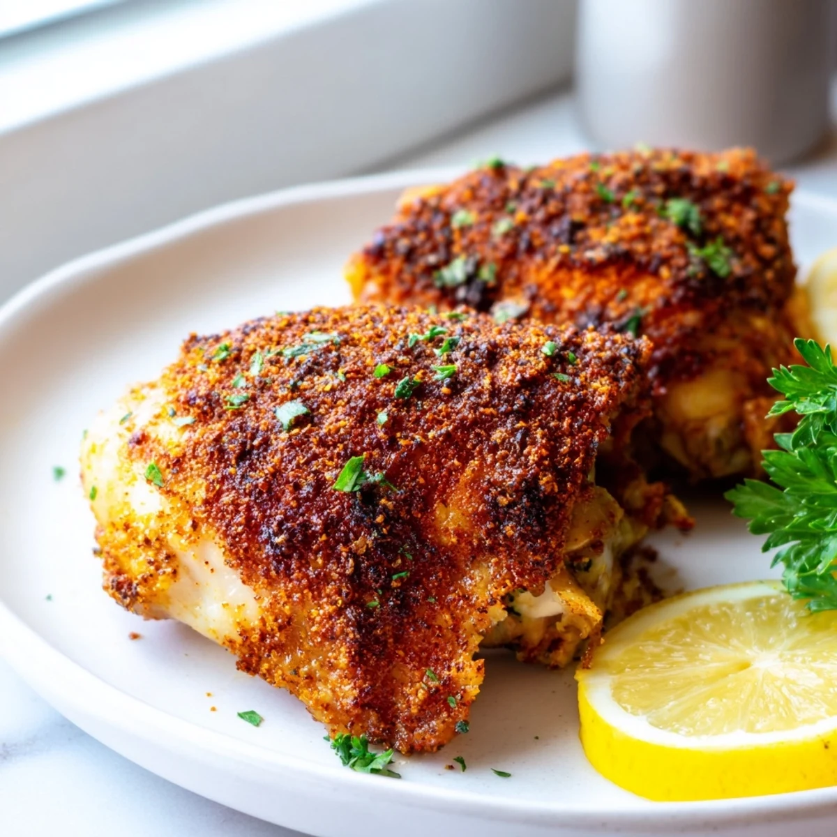 Juicy oven baked chicken thighs garnished with fresh parsley and lemon wedges