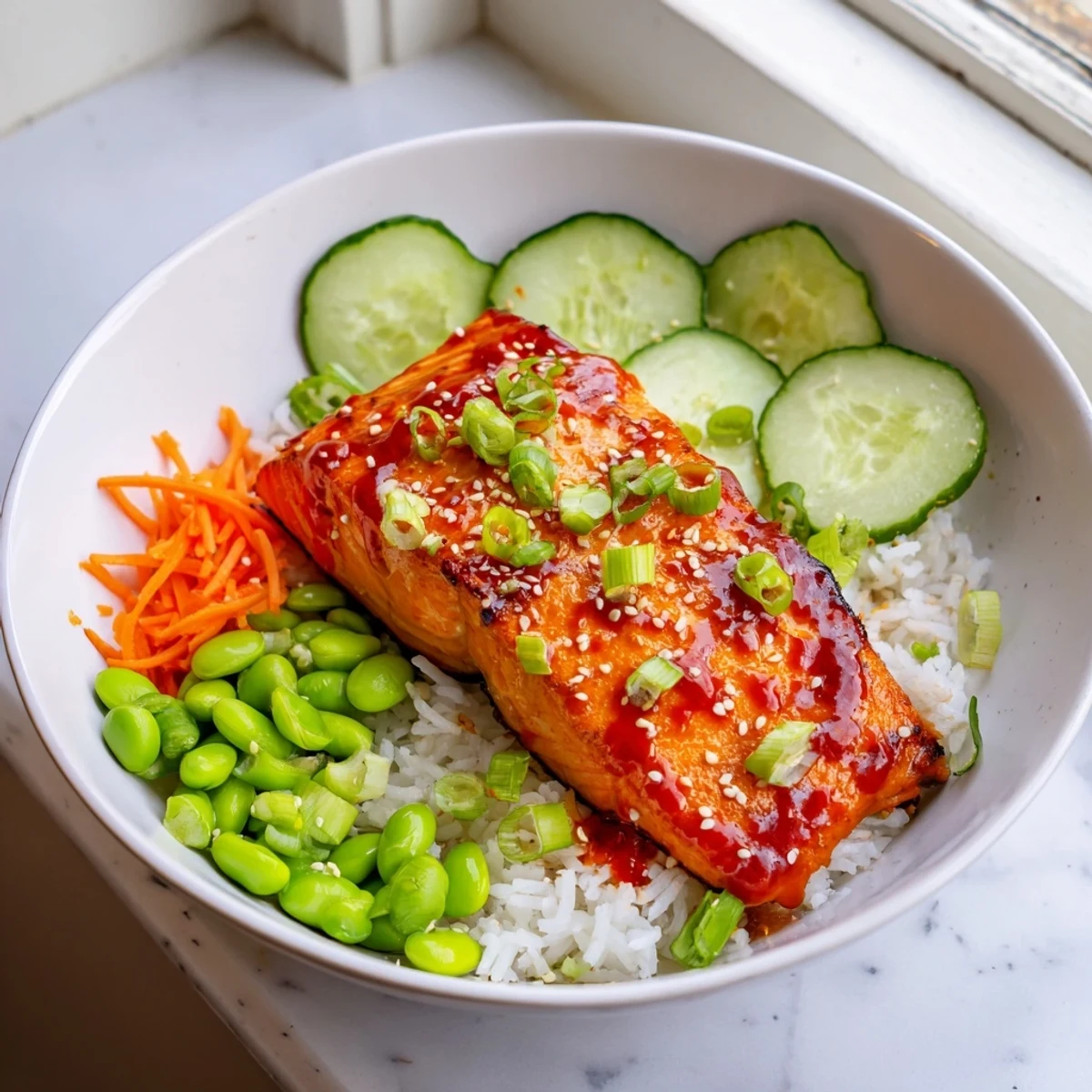 Caramelized sriracha honey glazed salmon bowls topped with sesame seeds and lime wedges
