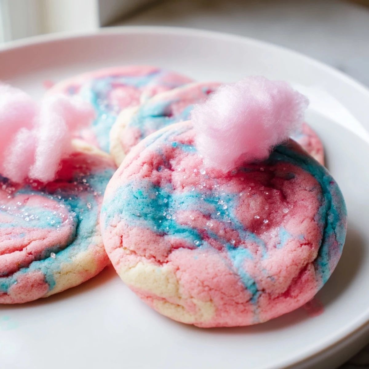 Soft cotton candy cookies with swirled pink and blue pastel dough baked golden