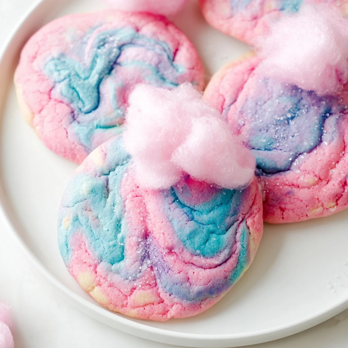 Cotton candy cookies topped with fluffy spun sugar on a festive party platter