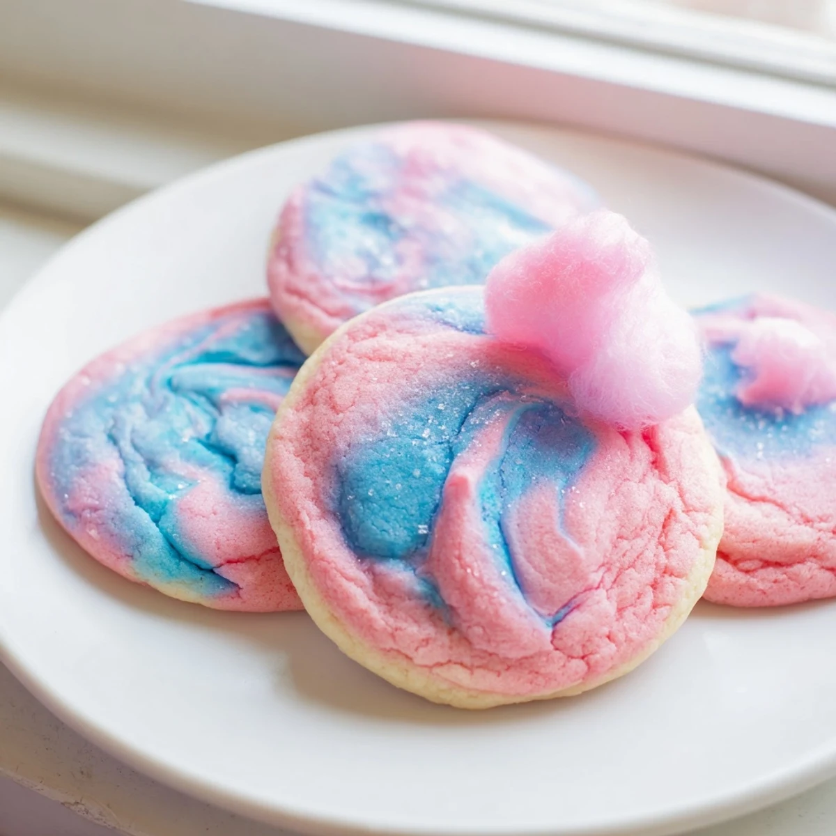 Chewy cotton candy cookies showcasing a marbled pink and blue crumb fresh from the oven