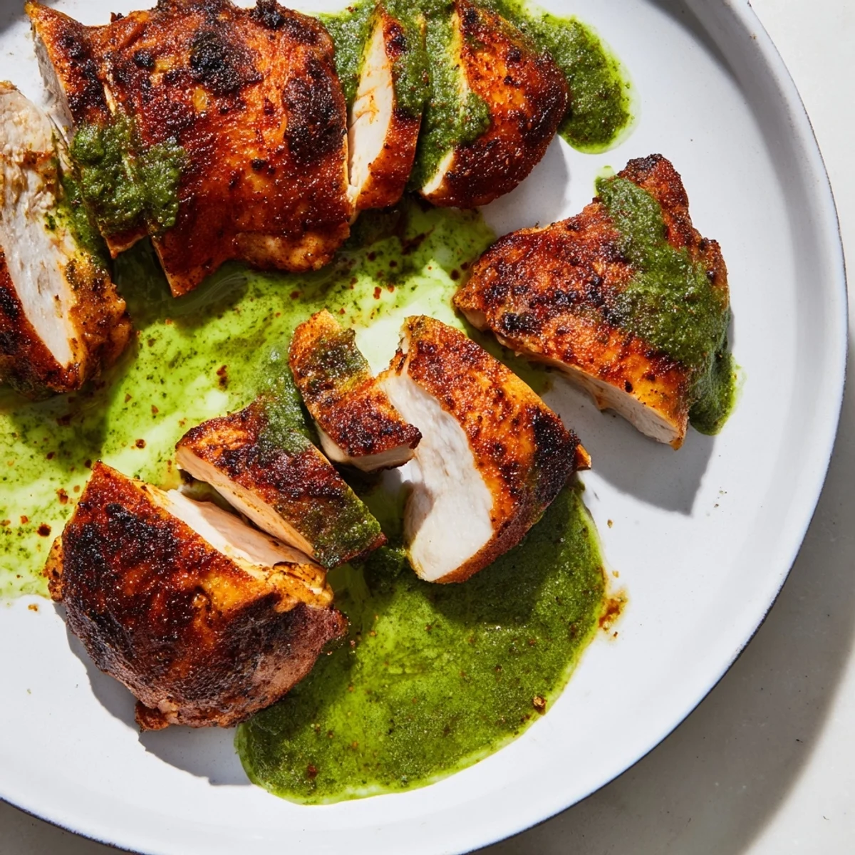 Golden crispy Peruvian chicken delight resting on a cutting board with vibrant green sauce