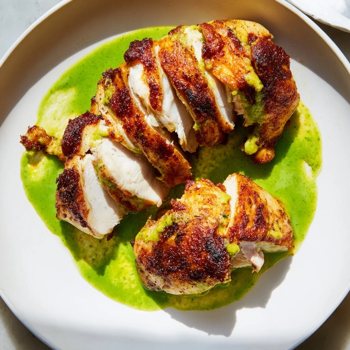 Juicy sliced Peruvian chicken delight plated alongside creamy cilantro aji verde drizzle