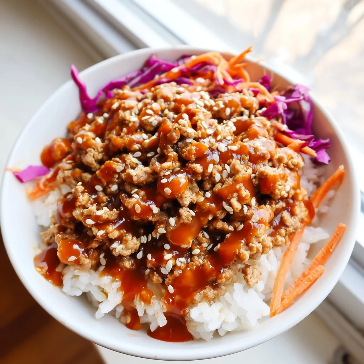 Hearty ground turkey rice bowls drizzled with creamy, spicy Bang Bang sauce and colorful crisp vegetables