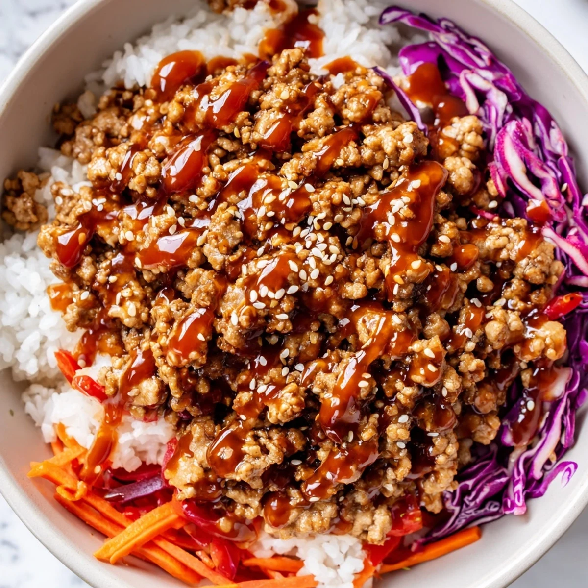 Seasoned ground turkey piled over fluffy jasmine rice topped with vibrant veggies and sweet spicy Bang Bang sauce