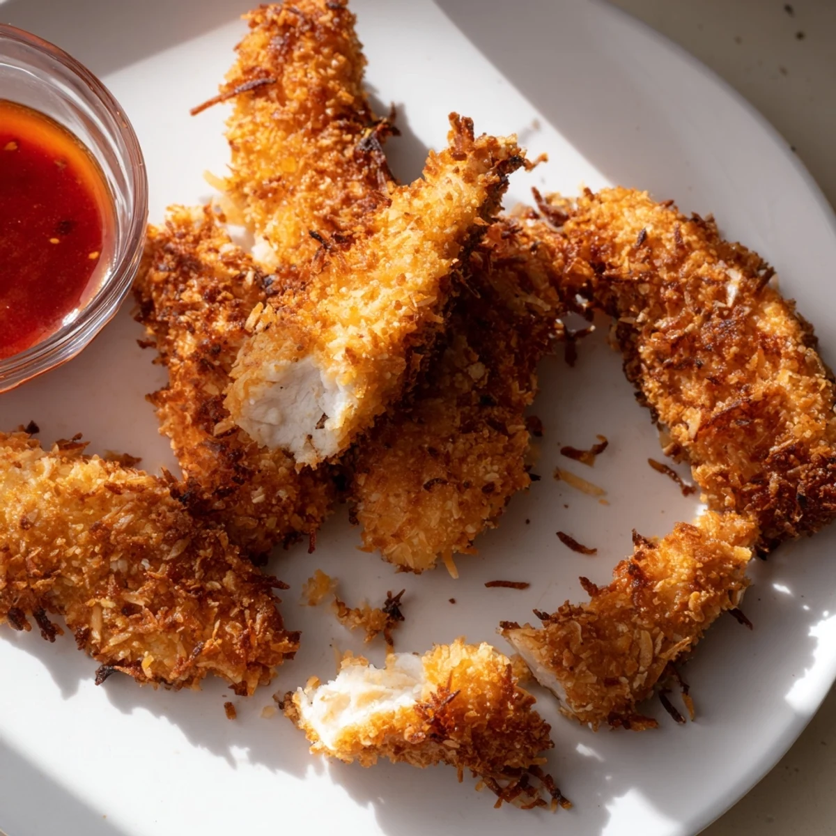 Golden crunchy coconut chicken strips plated with sweet chili dipping sauce on rustic parchment