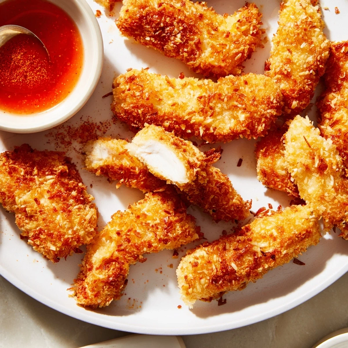 Crunchy coconut chicken arranged on a platter beside a vibrant mango chutney dip