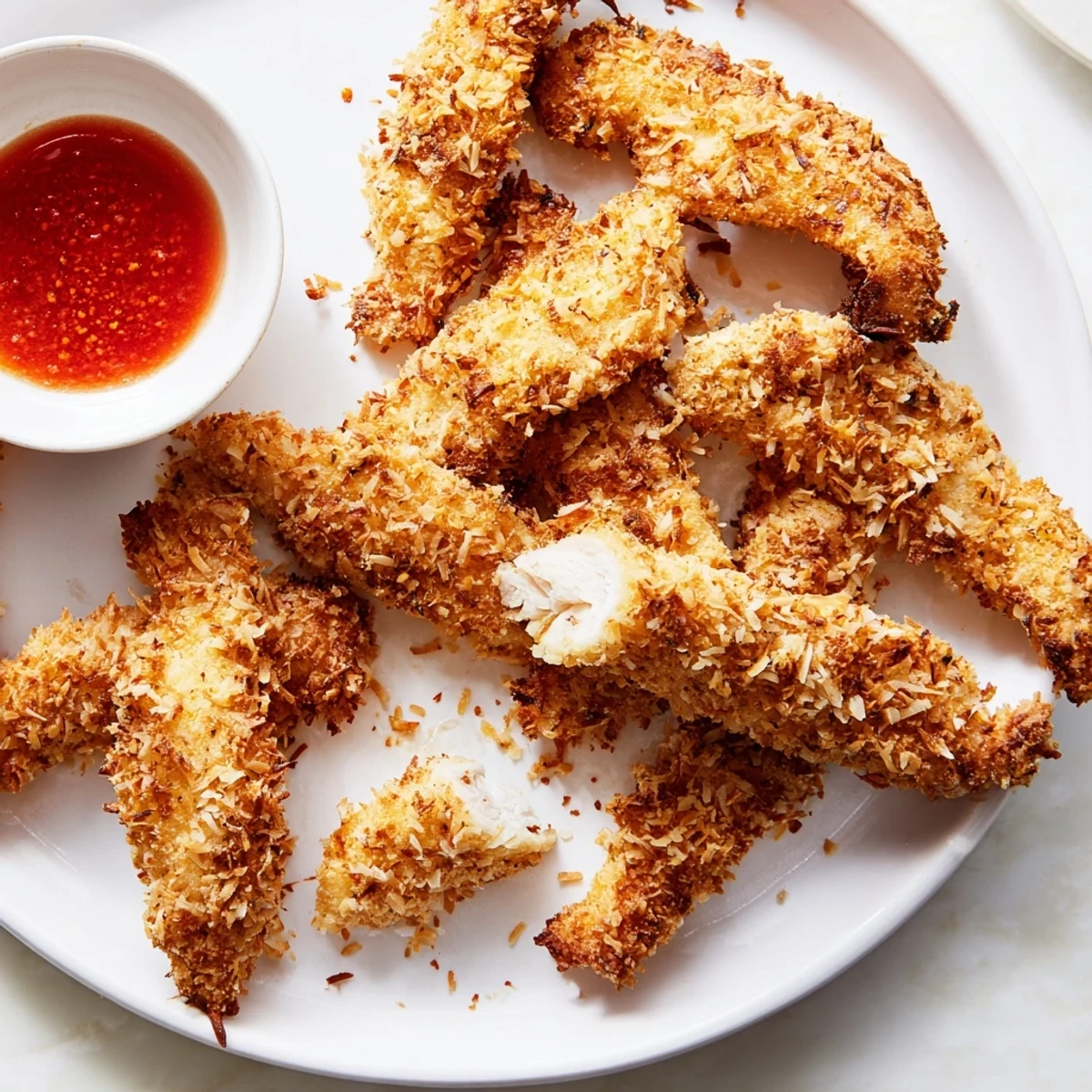Crispy coconut chicken tenders fresh from the skillet, steaming and ready to serve