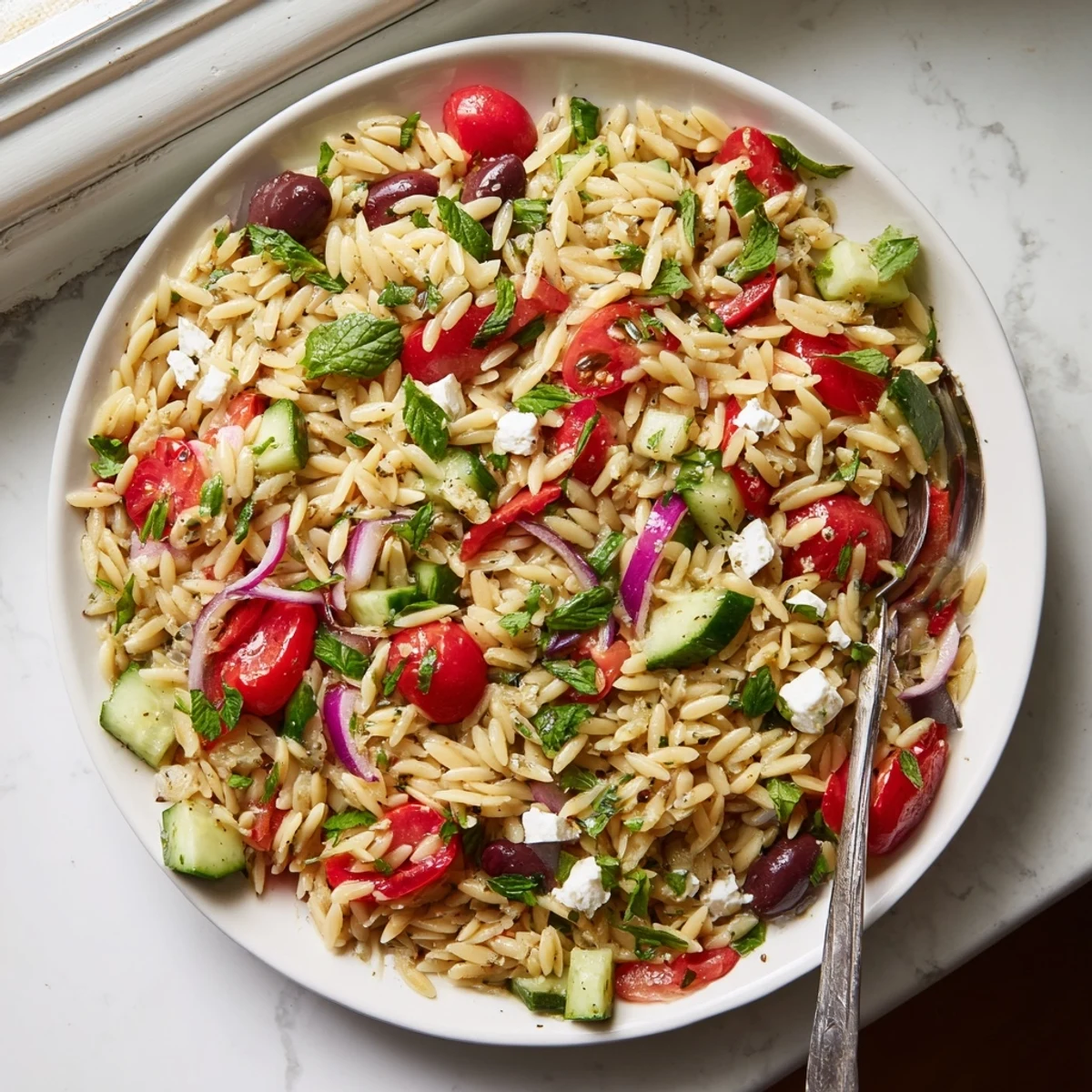 Colorful Mediterranean Orzo Pasta Salad in a white bowl topped with crumbled feta and fresh herbs on a sunny picnic table