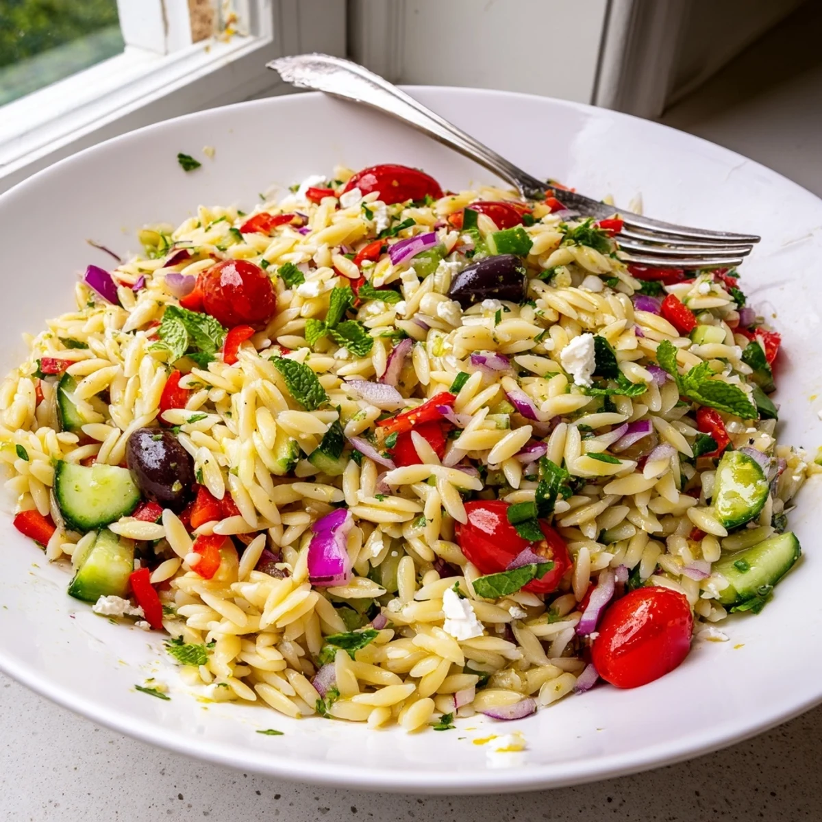 Close-up of Mediterranean Orzo Pasta Salad featuring glossy lemon-olive oil dressing, juicy cherry tomatoes, and bright green cucumbers