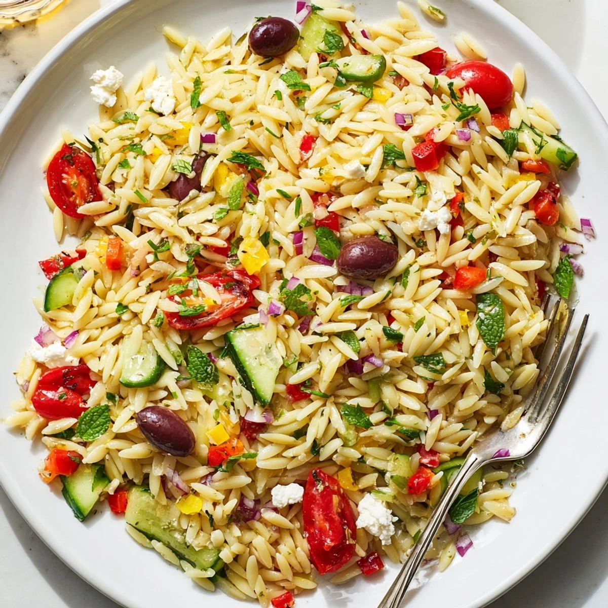 Spoonful of Mediterranean Orzo Pasta Salad showcasing tender orzo, tangy feta crumbles, Kalamata olives, and vibrant diced bell pepper