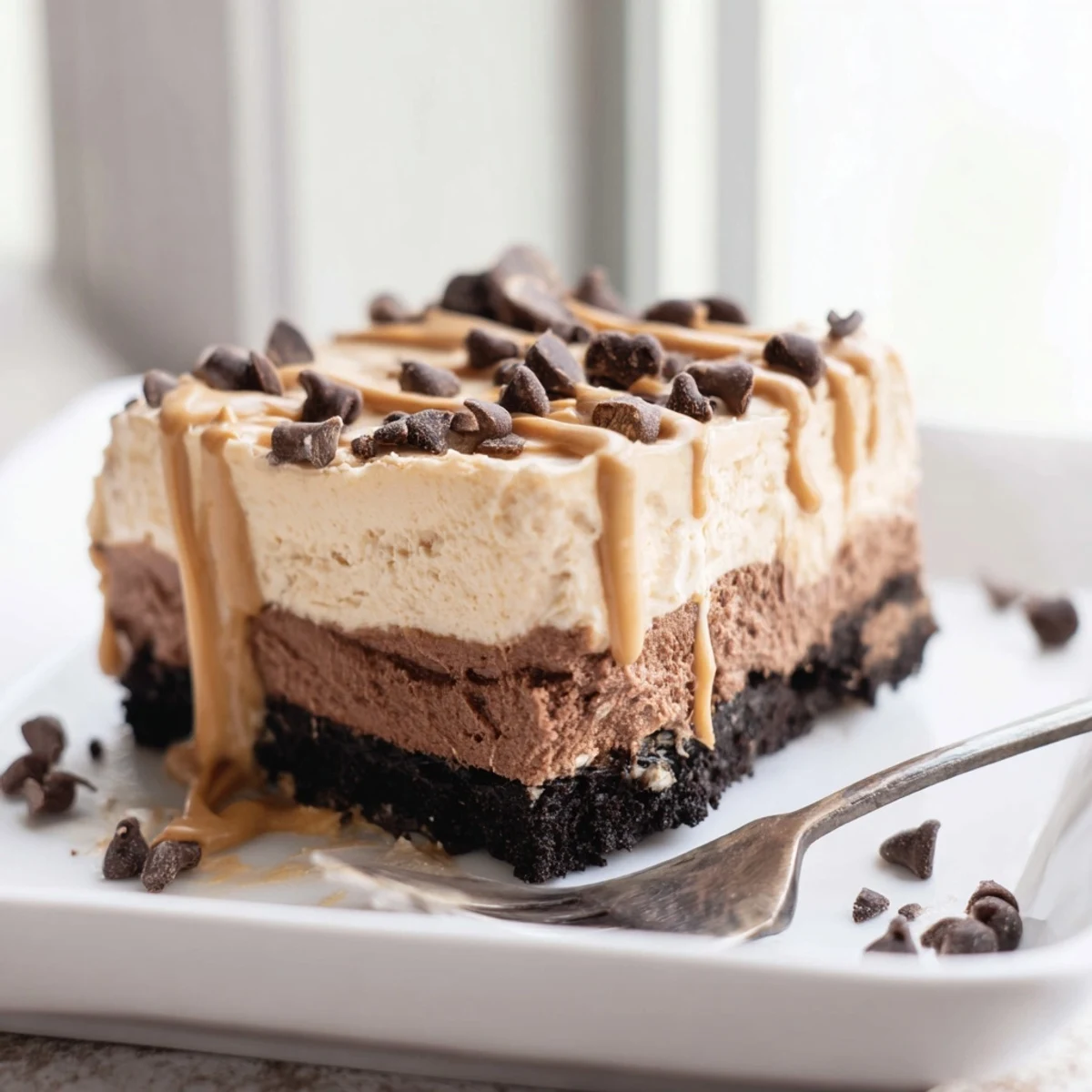 Creamy peanut butter layered delight with rich chocolate pudding on a cookie crust