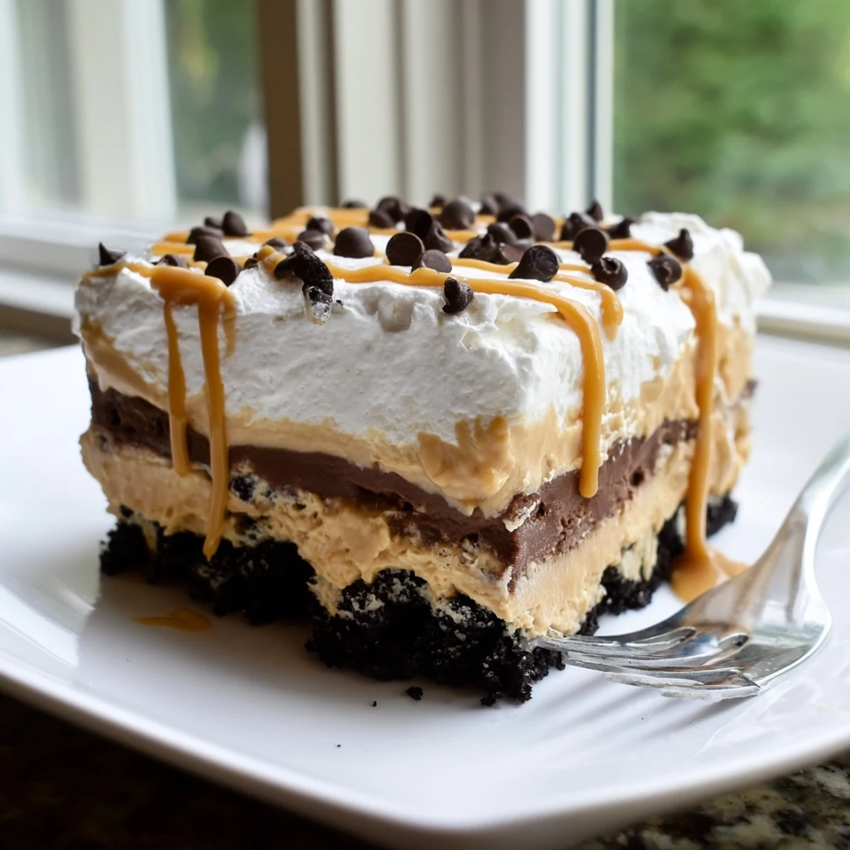 Decadent peanut butter layered dessert showcasing velvety pudding and fluffy whipped topping layers