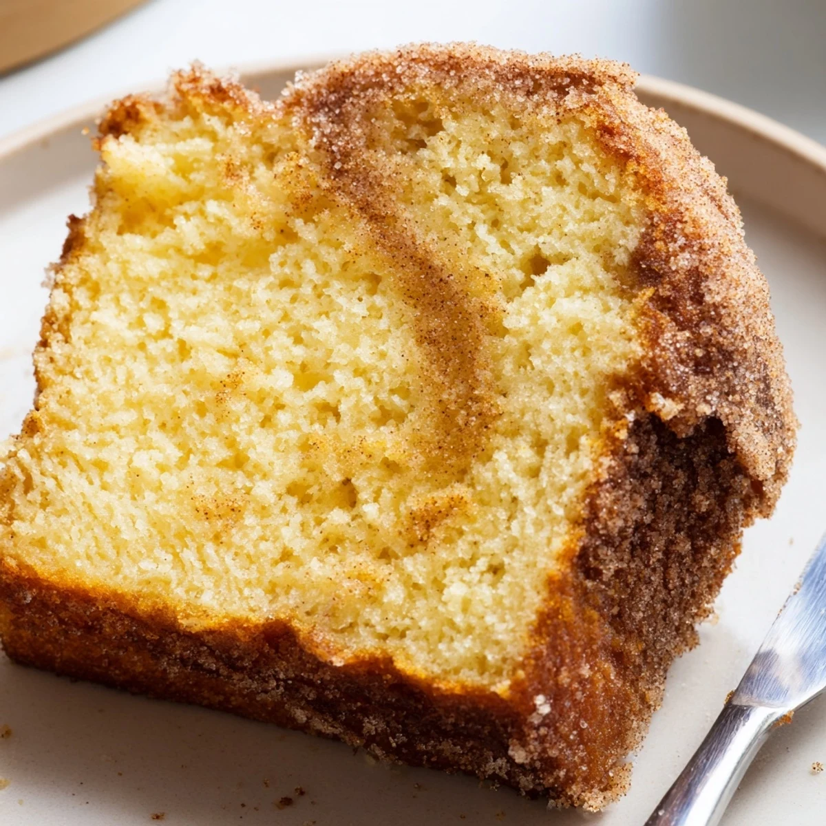 Golden cinnamon donut loaf sliced thick on a rustic wooden cutting board
