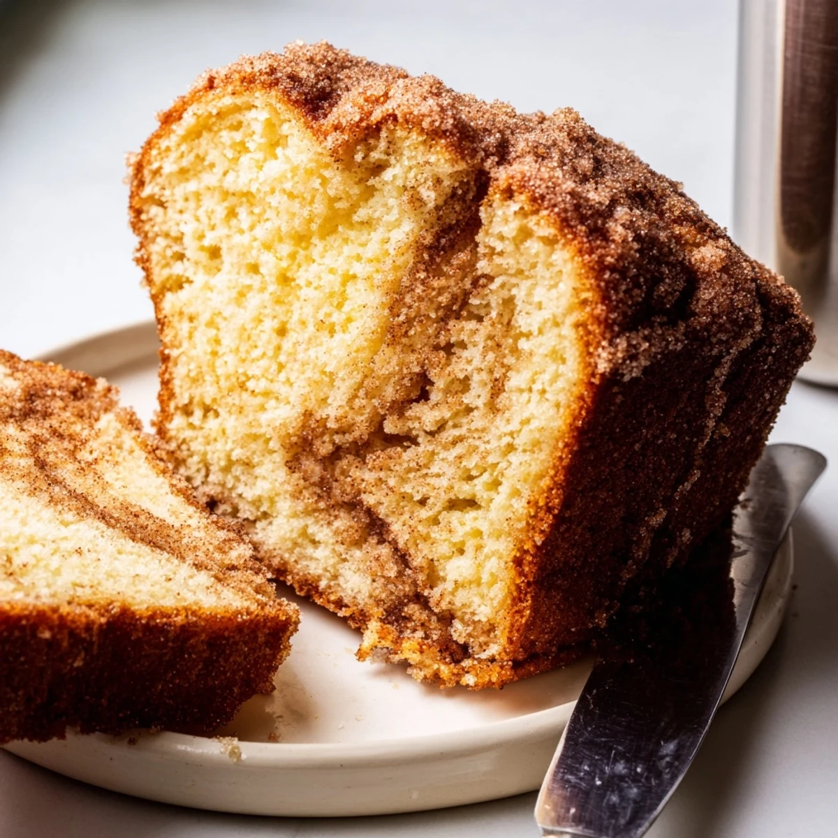 Warm cinnamon donut loaf with a sparkling cinnamon-sugar crust ready to serve