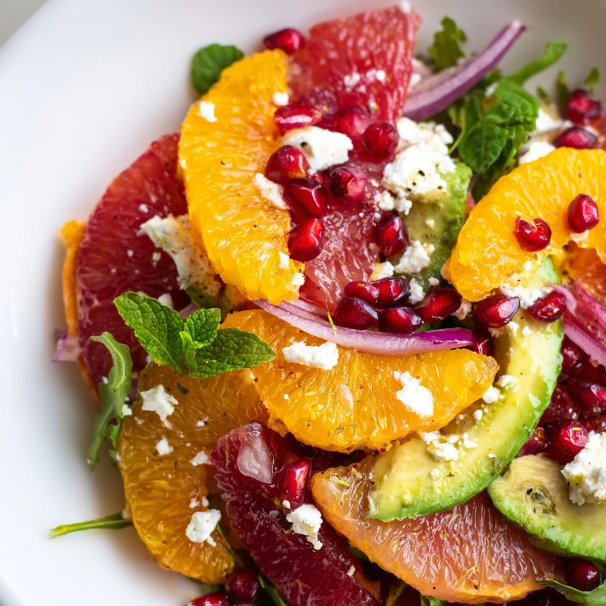 Citrus Salad with pomegranate, avocado, and feta arranged on a white platter