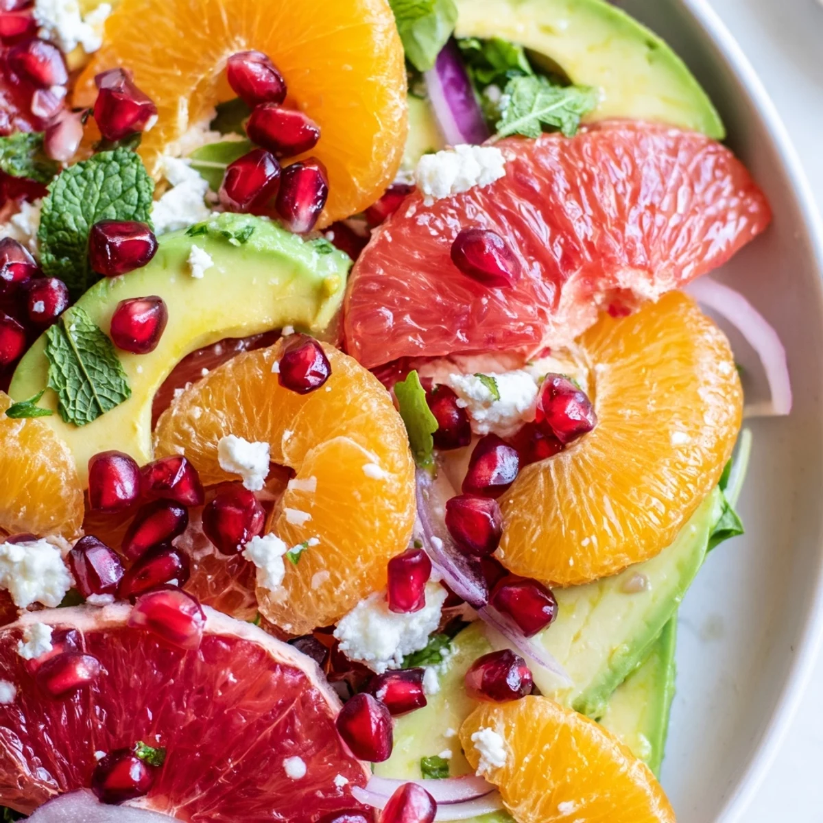 Close-up of Citrus Salad topped with ruby pomegranate seeds and creamy avocado slices