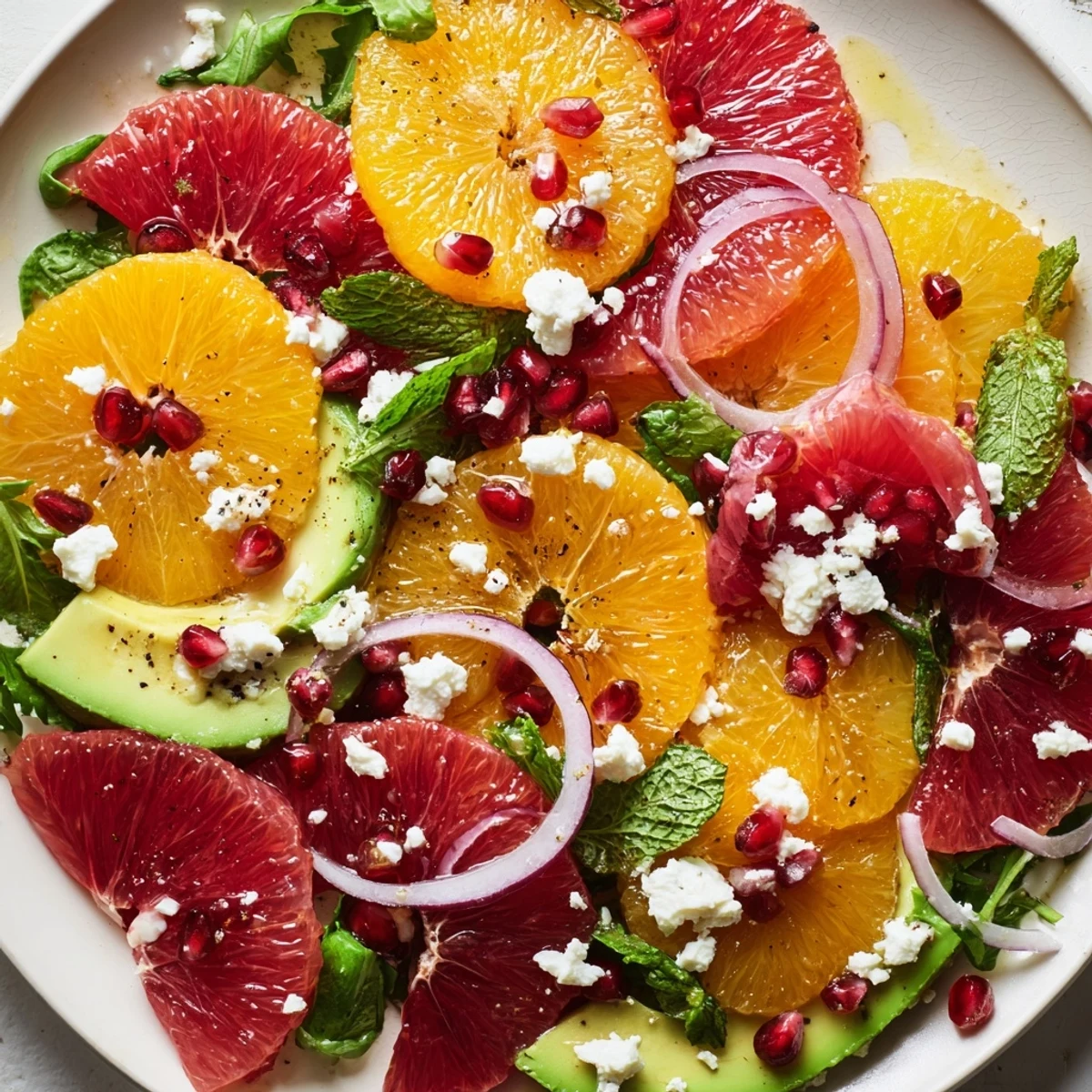 Colorful Citrus Salad drizzled with olive oil dressing, finished with crumbled feta