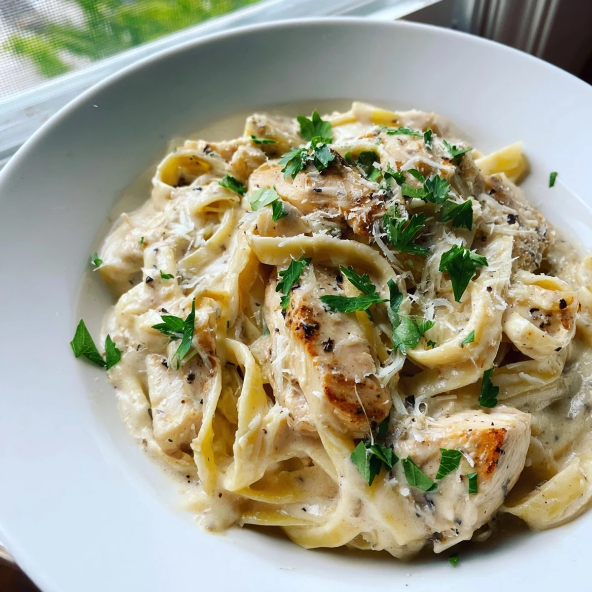 Creamy garlic Parmesan chicken pasta topped with fresh parsley and extra cheese