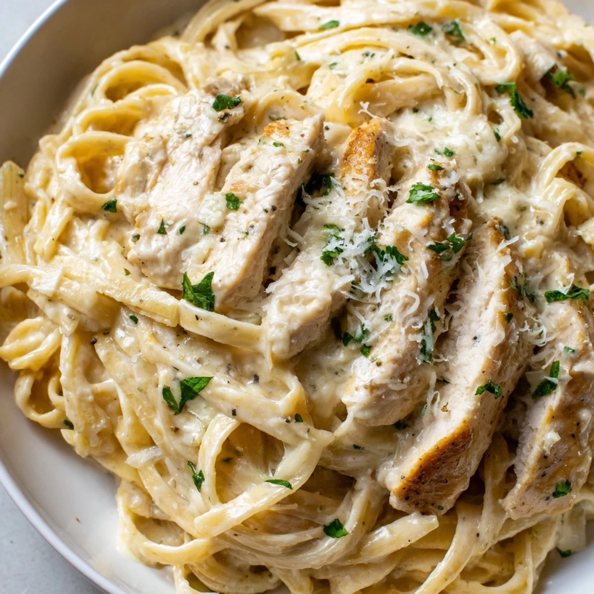 Golden seared chicken slices nestled in creamy garlic Parmesan chicken pasta sauce