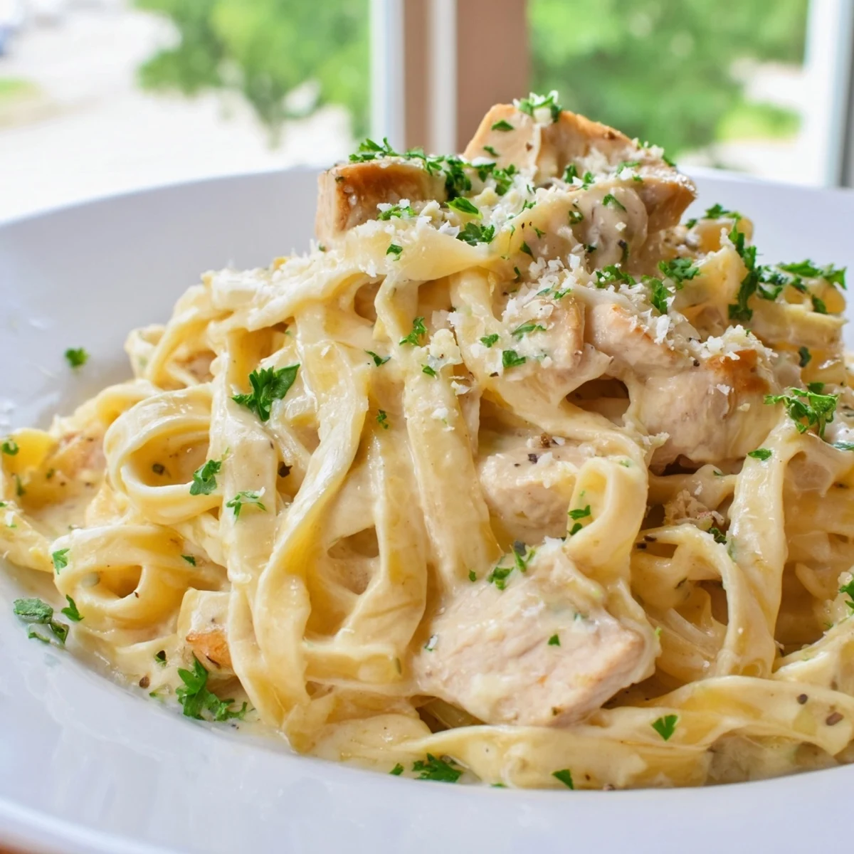 Steaming bowl of creamy garlic Parmesan chicken pasta coated in velvety white sauce