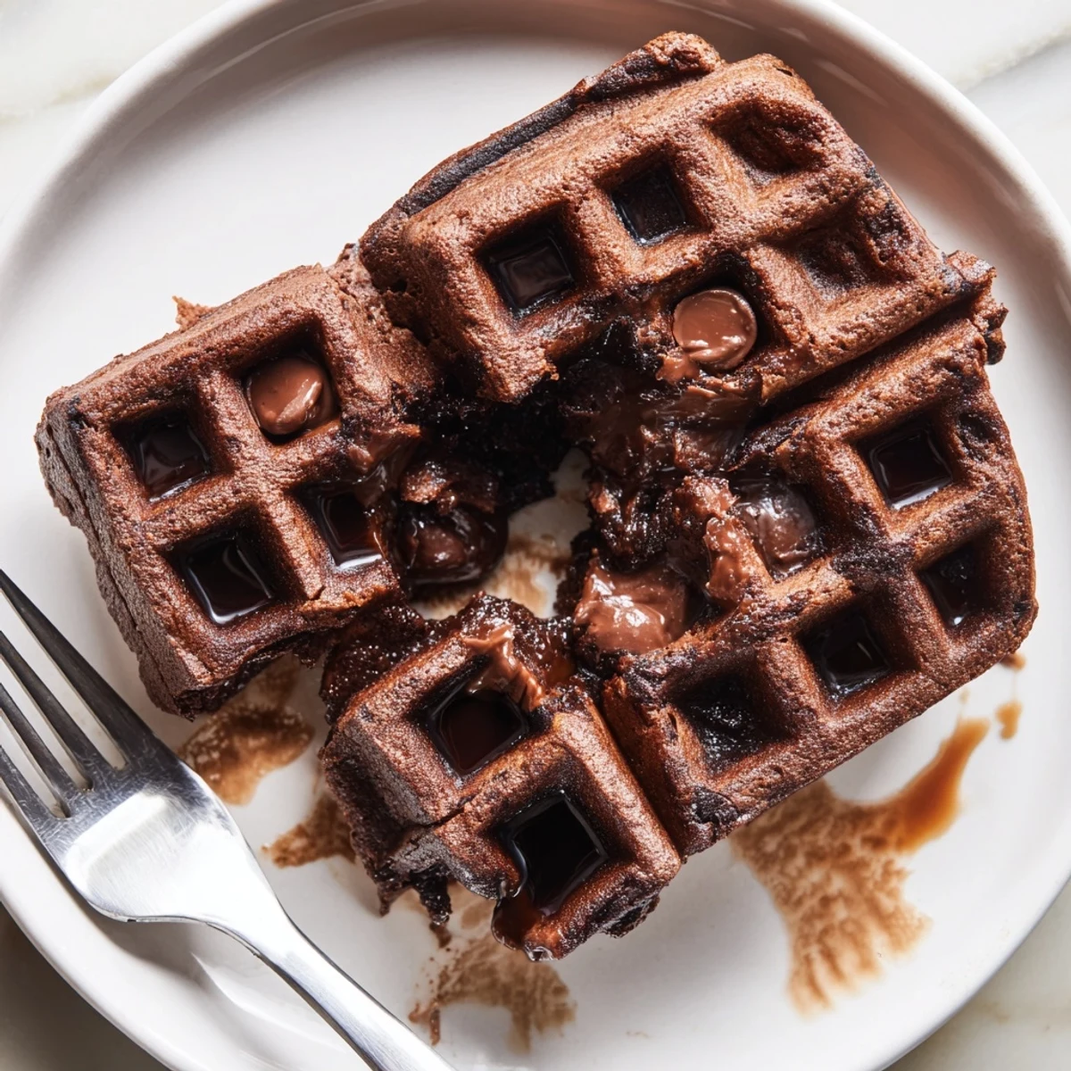 Warm fudgy brownie waffles with crisp edges drizzled in melted chocolate on a plate